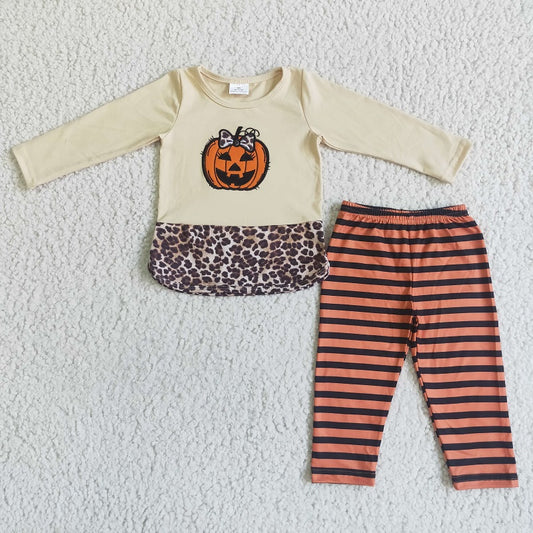 GLP0043 Girls Halloween Embroidered Pumpkin Long Sleeve Pants Set