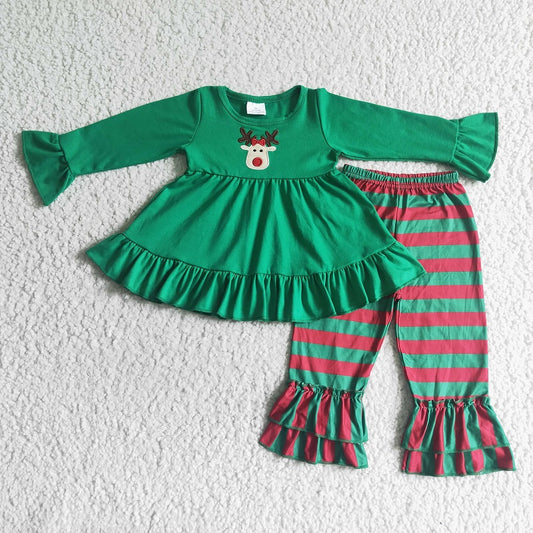 GLP0046 Girls Christmas Embroidered Fawn Green Suit