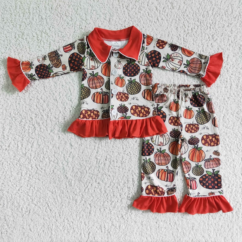 GLP0047 Girls Autumn Pumpkin Red Lace Long Sleeve Pants Set