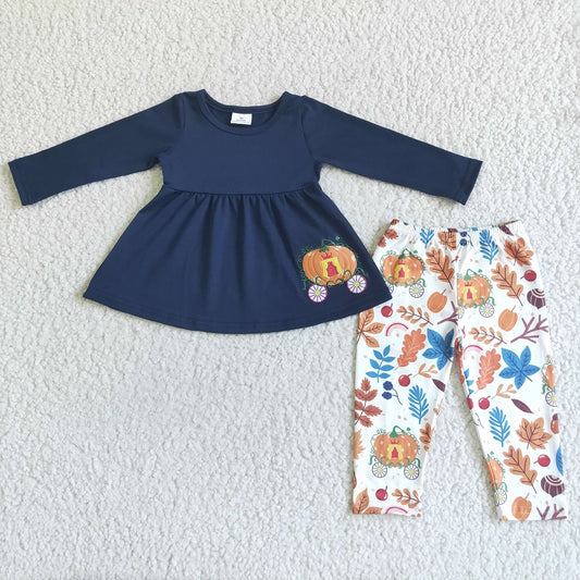 GLP0051 Girls Pumpkin Car Leaves Long Sleeve Pants Set