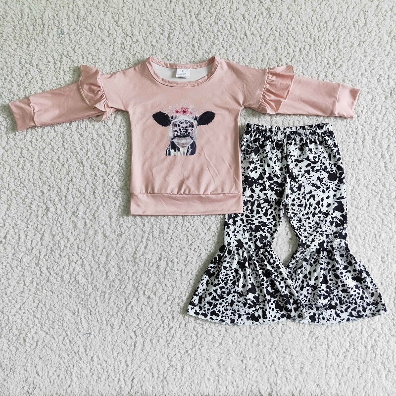 GLP0054 Girls Cow Pink Lace Long Sleeve Trousers Suit