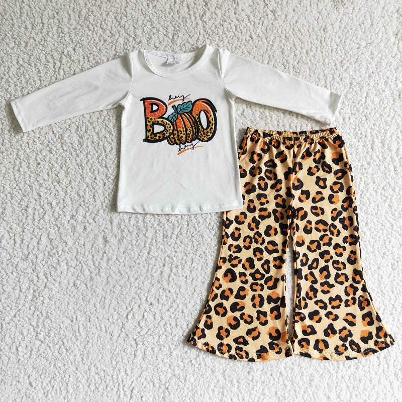 GLP0060 Girls Pumpkin Leopard Print Long Sleeve Trousers Set