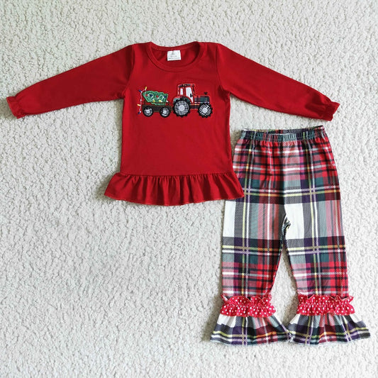 GLP0063 Girls Embroidered Car Red Plaid Long Sleeve Trousers Suit