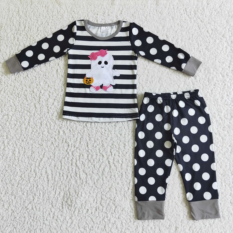 GLP0066 Girls Embroidered Ghost Black and White Striped Polka Dot Suit