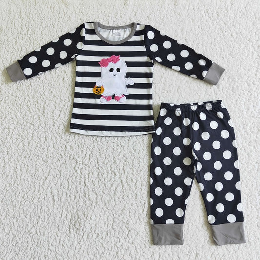 GLP0066 Girls Embroidered Ghost Black and White Striped Polka Dot Suit