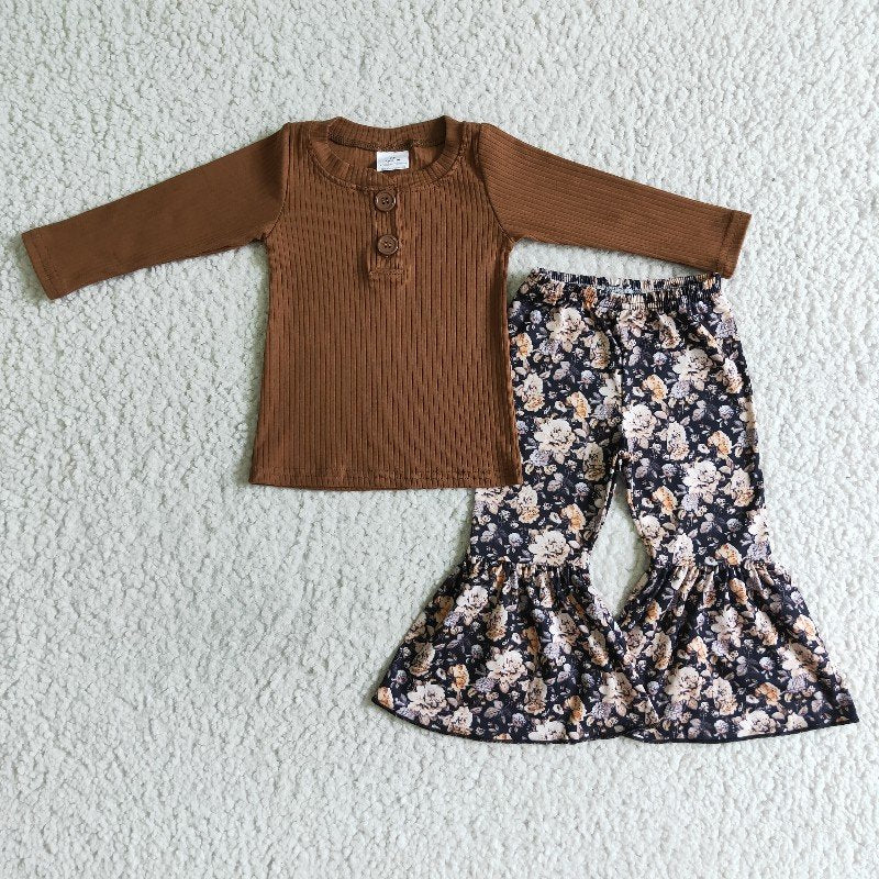 GLP0079 GIRLS COTTON LONG SLEEVE BROWN TOP BELL PANTS OUTFIT