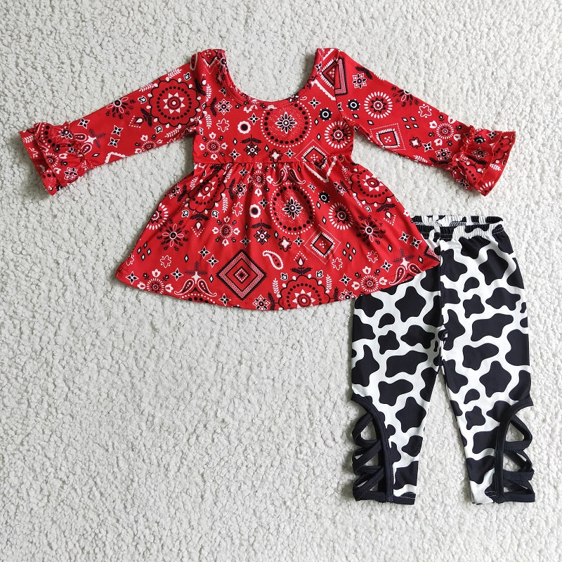 GLP0091 Girls Red Pattern Long Sleeve Cow Pattern Suit