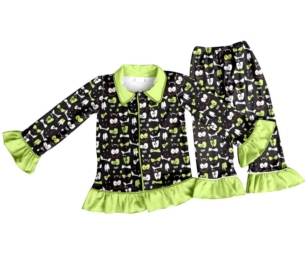 GLP0097 Girls Green Eye Button Long Sleeve Pants Set