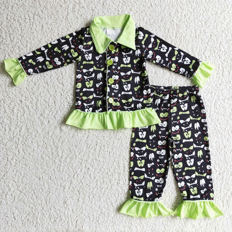 GLP0097 Girls Green Eye Button Long Sleeve Pants Set