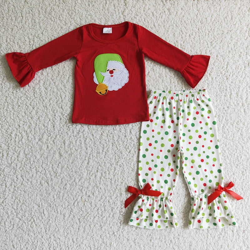 GLP0099 Girls Embroidered Santa Red Long Sleeve Pants Set