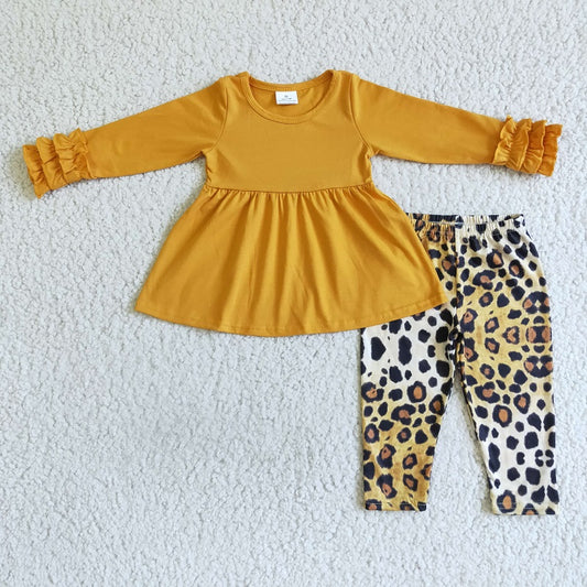 GLP0109 KIDS GIRLS BROWN ICING SLEEVE TOP LEOPARD OUTFIT