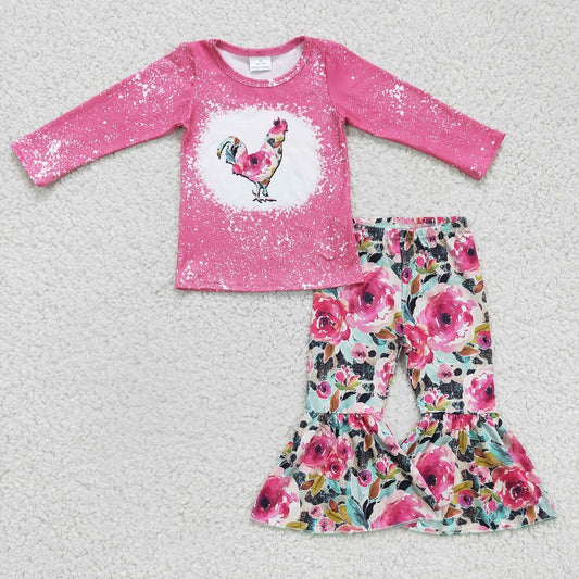 GLP0110 Girls flower rooster rose red long-sleeved trousers suit