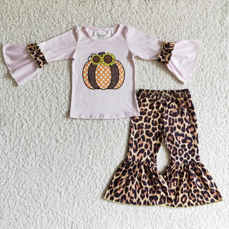 GLP0125 Girls Pink Leopard Pumpkin Long Sleeve Pants Set