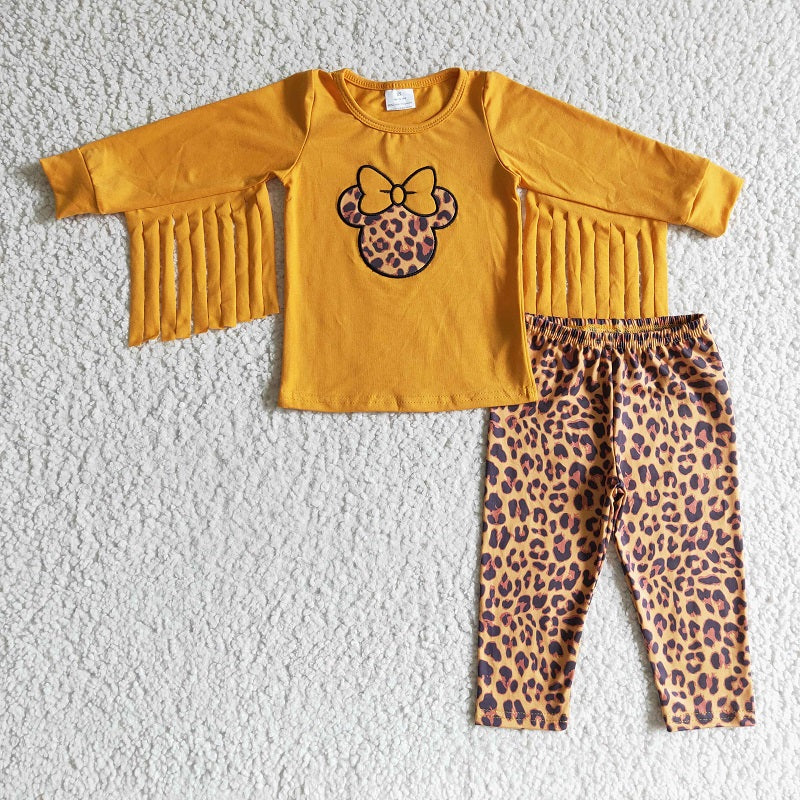 GLP0128 Girls Embroidered Leopard Fringe Long Sleeve Suit