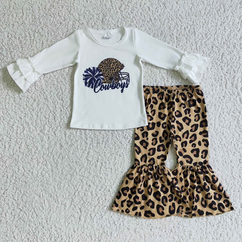 GLP0136 Girls cowboys white long sleeve leopard print trousers suit