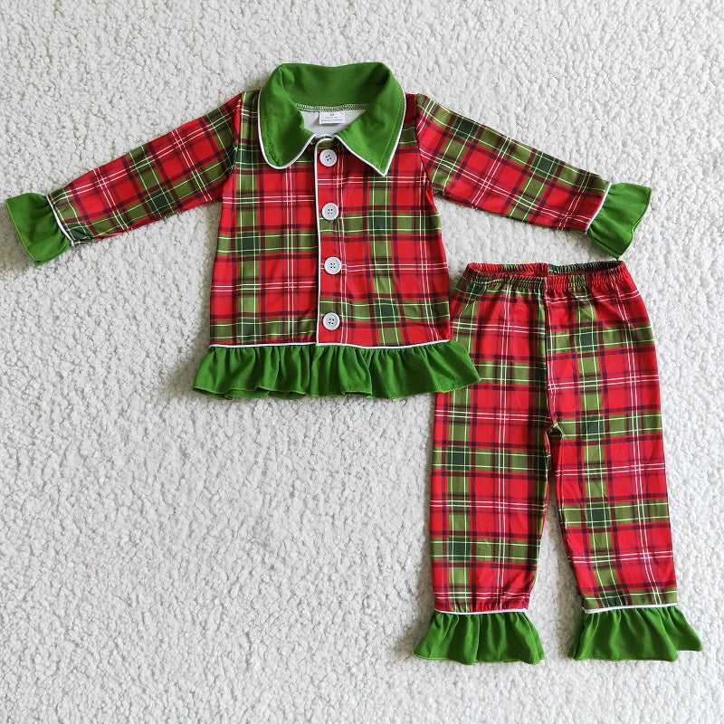 GLP0138 Girls red and green plaid long-sleeved trousers suit