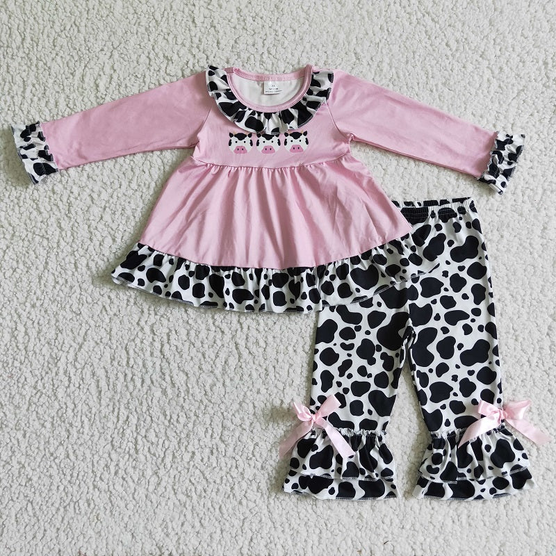 GLP0165 Girls Cow Pink Long Sleeve Trousers Suit