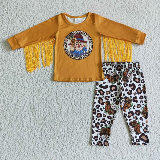 GLP0167 Girls Leopard Print Scarecrow Long Sleeve Pants Set