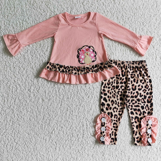 GLP0172 Girls Pink Embroidered Turkey Long Sleeve Pants Set
