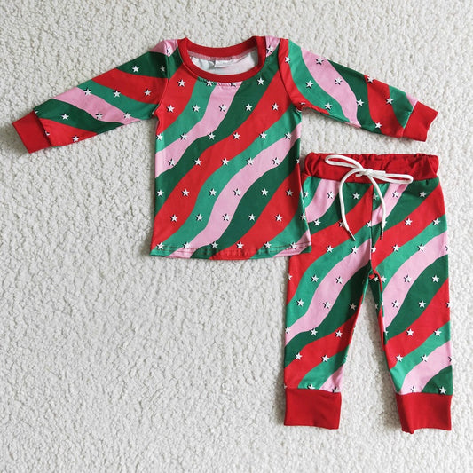 GLP0186 Girls Christmas Striped Stars Long Sleeve Trousers Set