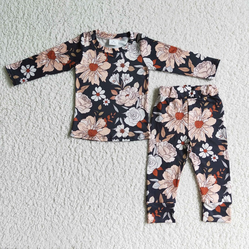 GLP0195 Girls Black Floral Long Sleeve Pajamas Suit