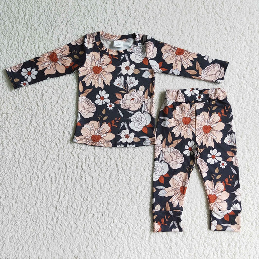 GLP0195 Girls Black Floral Long Sleeve Pajamas Suit