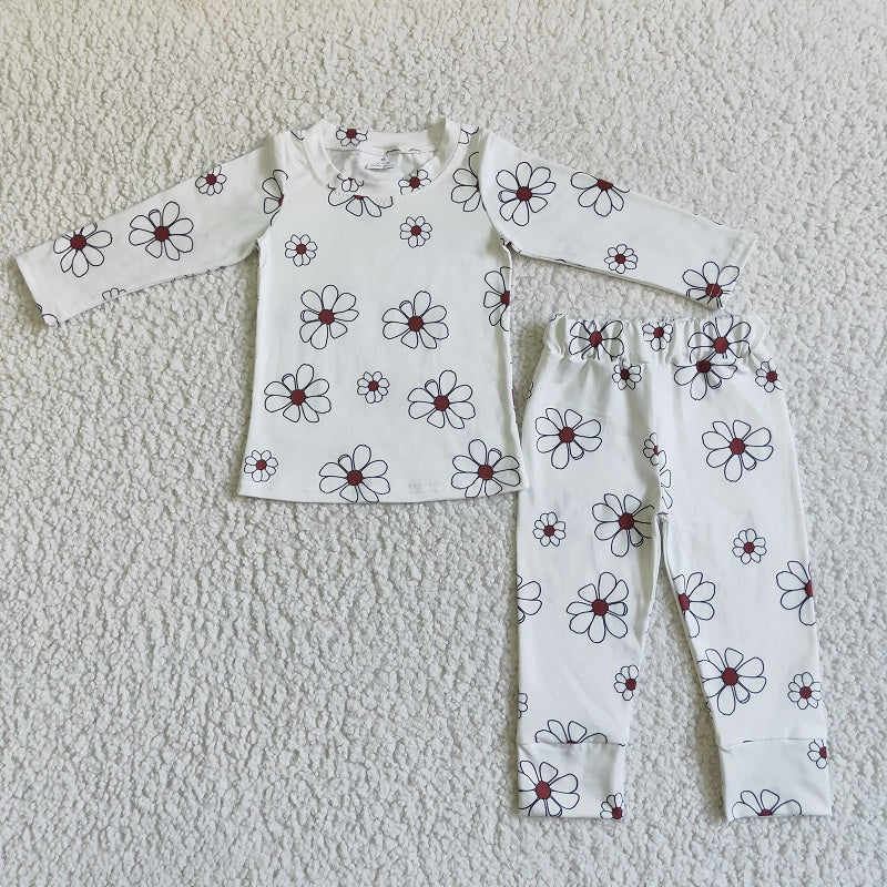 GLP0196 Girls White Flower Long Sleeve Pajamas Suit