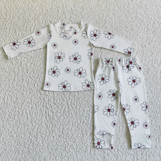 GLP0196 Girls White Flower Long Sleeve Pajamas Suit