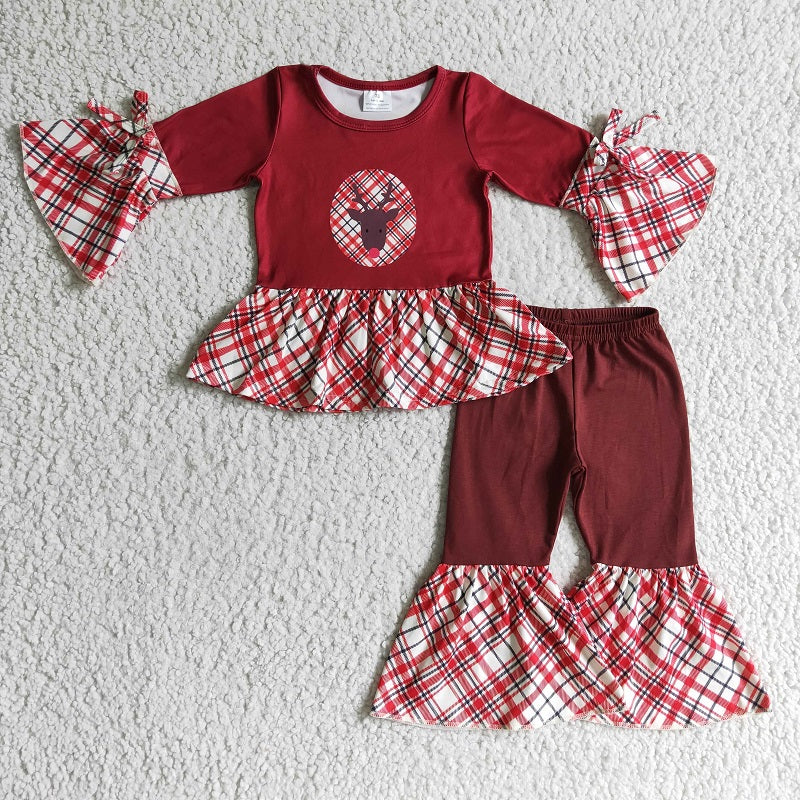 GLP0202 Girls Christmas Fawn Red Long Sleeve Pants Set