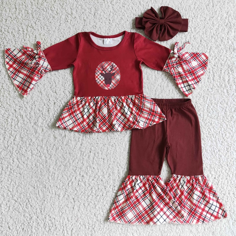 GLP0202 Girls Christmas Fawn Red Long Sleeve Pants Set with headband