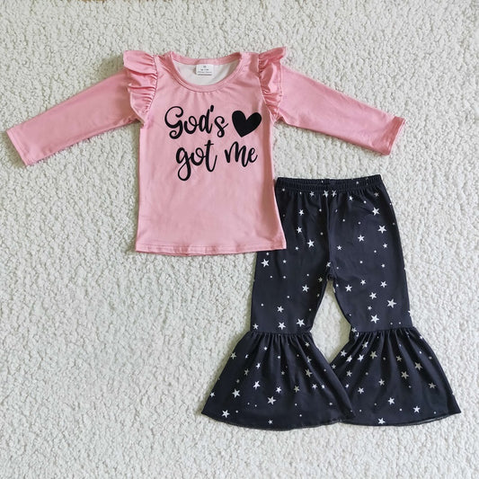 GLP0207 Girls Pink Letters Long Sleeve Trousers Set
