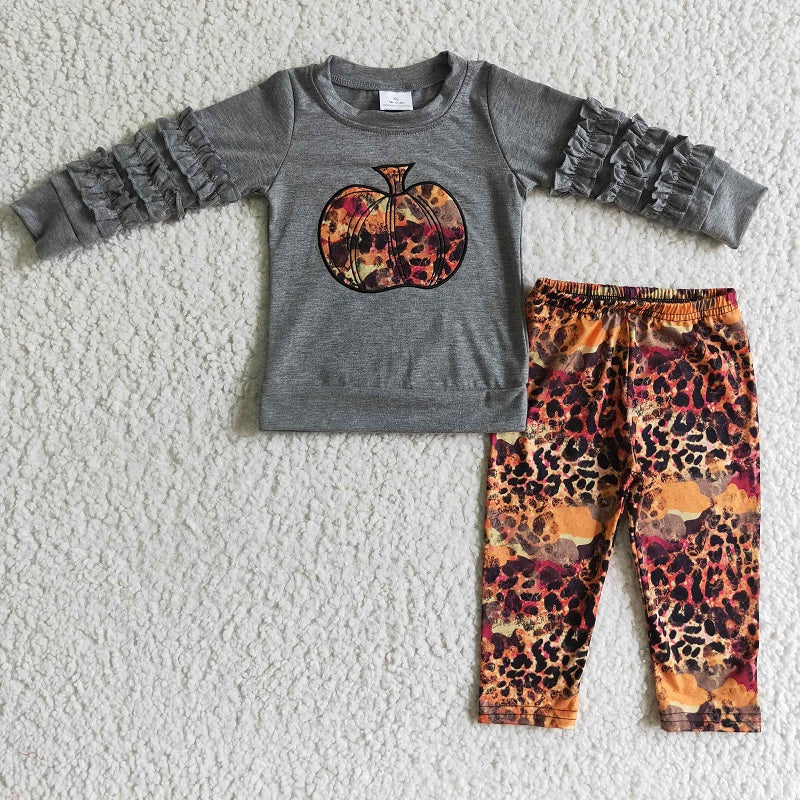 GLP0210 Girls Embroidered Pumpkin Long Sleeve Pants Set