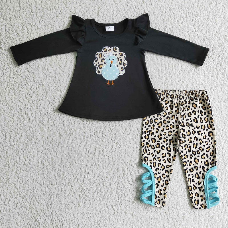 GLP0211 Girls Embroidered Thanksgiving Leopard Turkey Long Sleeve Pants Set