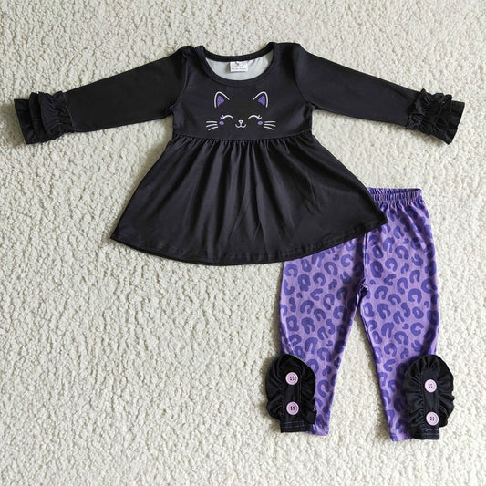GLP0212 Girl Cat Long Sleeve Purple Leopard Pants Suit