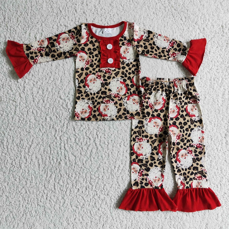 GLP0218 Girls Santa Leopard Print Long Sleeve Trousers Suit
