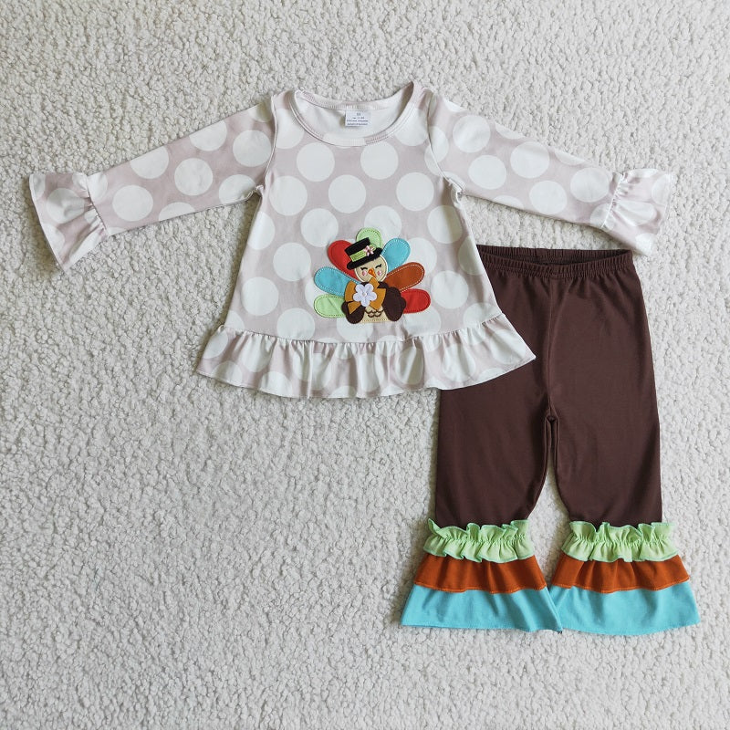 GLP0219 Girls Embroidered Thanksgiving Turkey Polka Dot Long Sleeve Pants Set