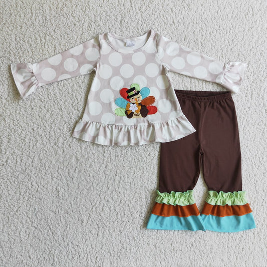 GLP0219 Girls Embroidered Thanksgiving Turkey Polka Dot Long Sleeve Pants Set