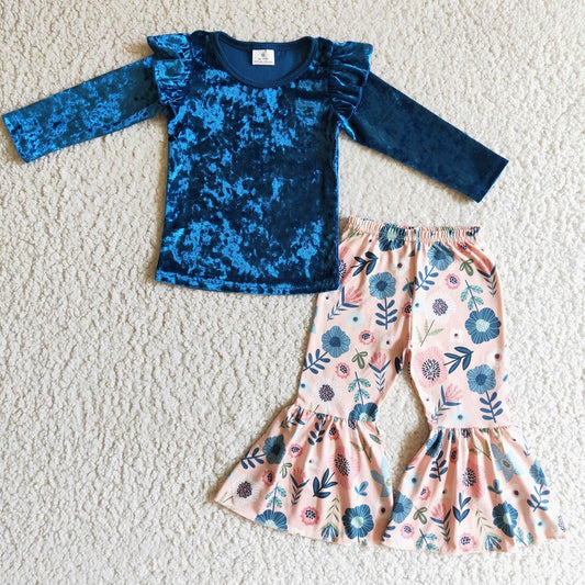 GLP0220 Baby Girls fall blue velvet tops bell pants clothing sets  D 1101
