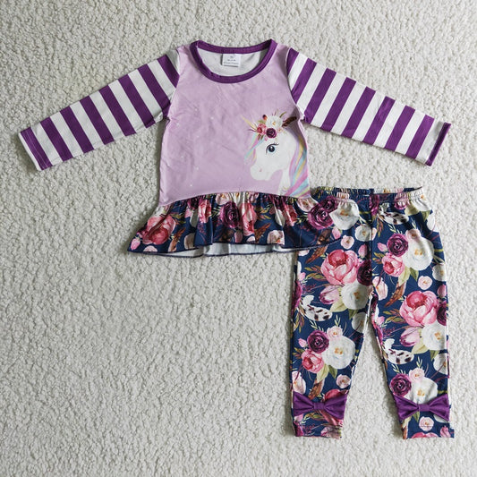 GLP0223 Girls Unicorn Purple Striped Long Sleeve Trousers Suit