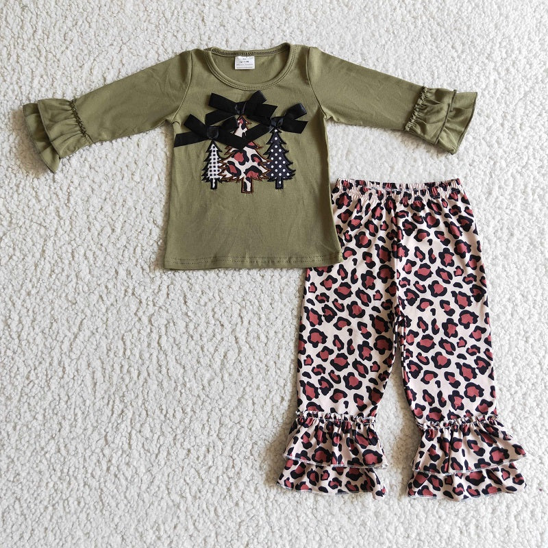 GLP0231 Girls Embroidered Christmas Tree Green Long Sleeve Leopard Pants Set