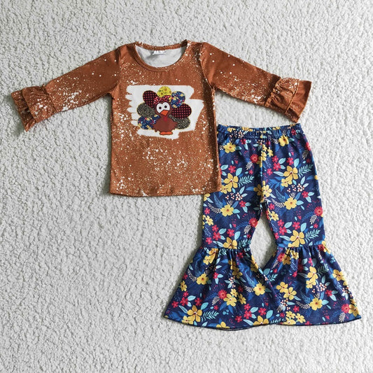 GLP0241 Girls Turkey Flower Brown Long Sleeve Trousers Set