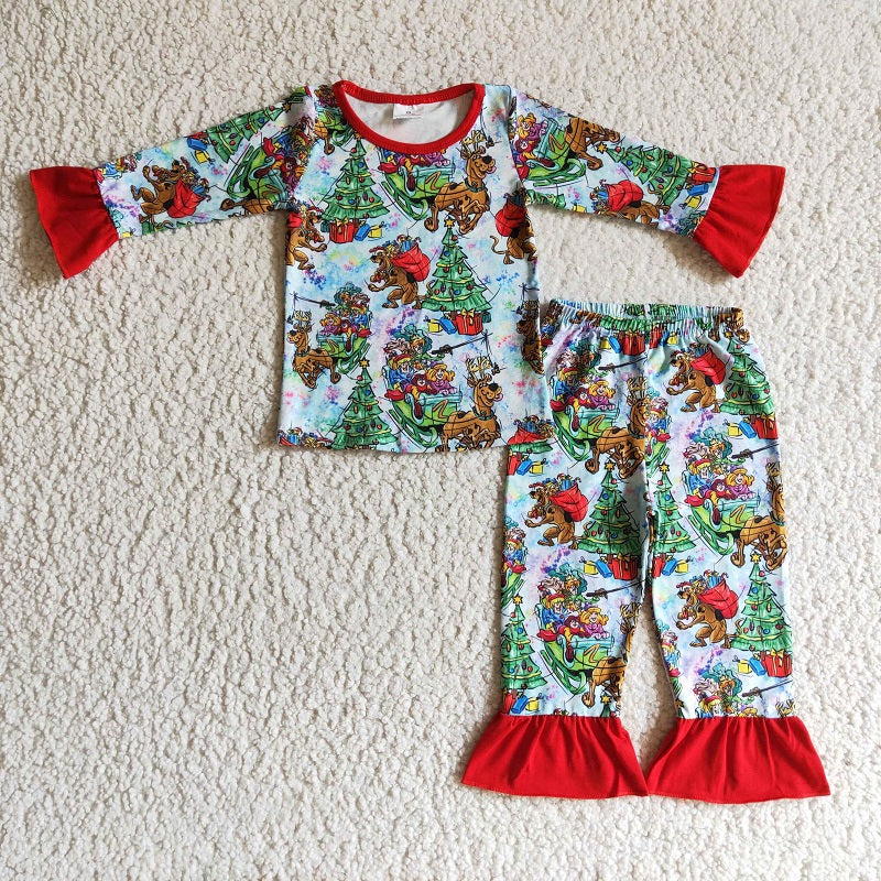 GLP0242  Girls Fawn Christmas Tree Long Sleeve Pants Set