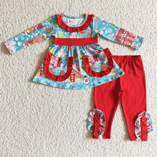 GLP0247 Girls Santa House Pocket Long Sleeve Pants Set