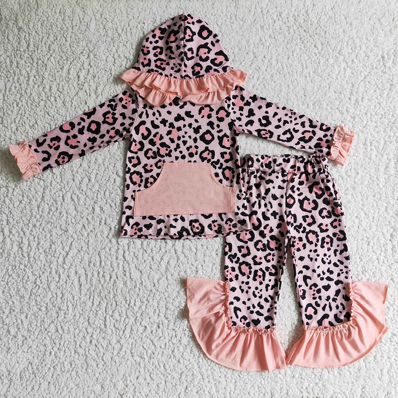 GLP0254 Girls Pink Leopard Pocket Hooded Long Sleeve Trousers Set