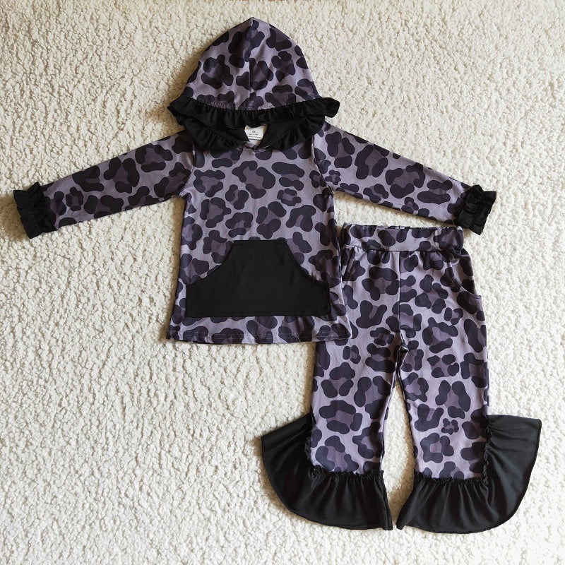 GLP0255 Girls Black Leopard Pocket Hooded Long Sleeve Trousers Set