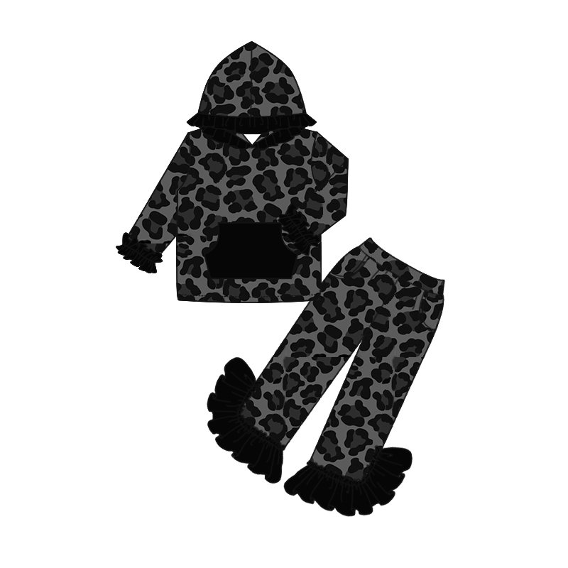 GLP0255 Girls Black Leopard Pocket Hooded Long Sleeve Trousers Set