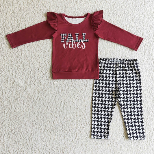 GLP0256 Girls Red Long Sleeve Houndstooth Pant Set