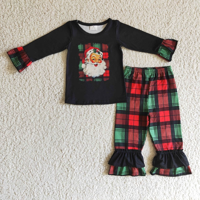 GLP0260 Girls Santa Plaid Long Sleeve Trousers Suit