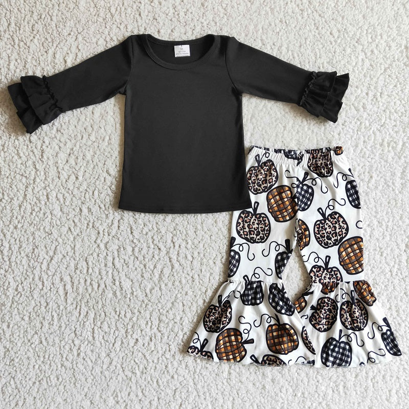 GLP0263 Girls Black Long Sleeve Leopard Pumpkin Trousers Suit