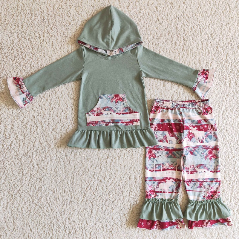 GLP0276 Girls Christmas Fawn Pattern Blue Hooded Long Sleeve Pants Set